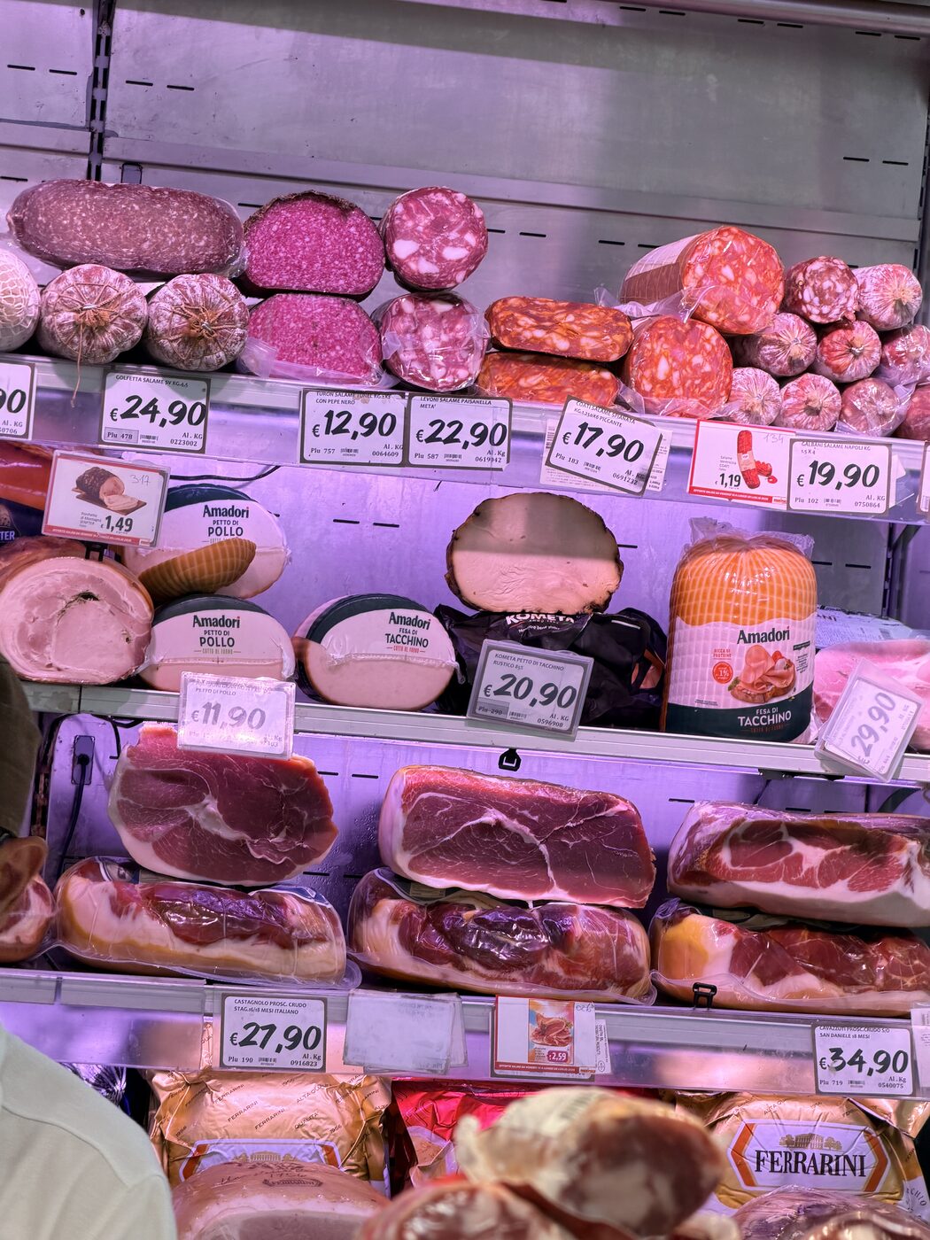 Italian meats displayed at a local market